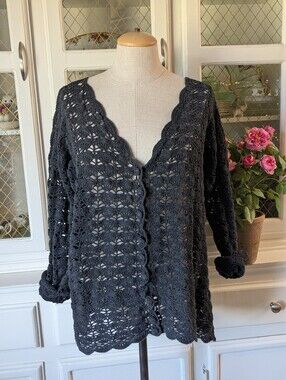 🖤✨VTG 90s Cotton Black Floral Crochet Button-Front Cardigan Cottagecore Summer